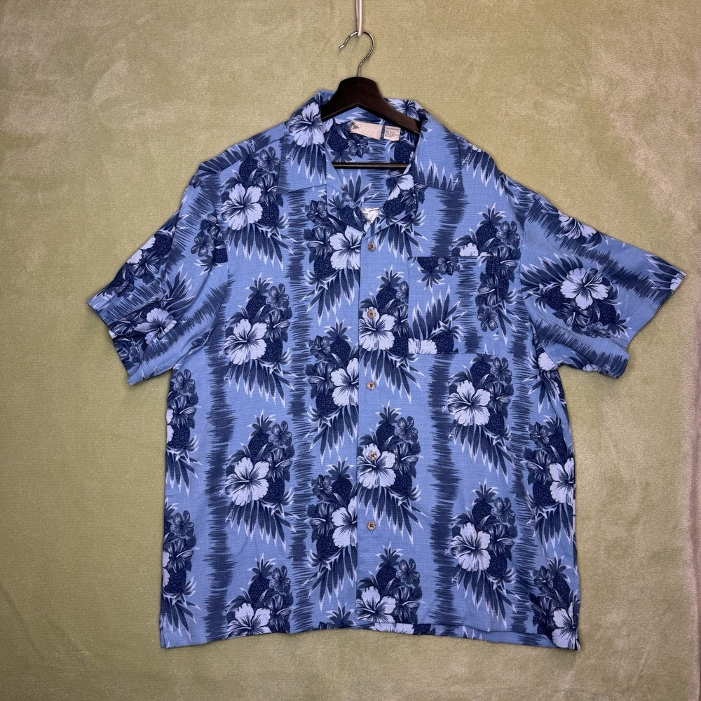 Island Shores Men's L Blue/White Cotton Woven Hawaiian Fish Button-Up